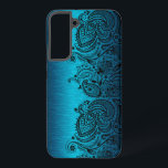 Metallic Aqua Blue mit Black Paisley Lace Samsung Galaxy Hülle<br><div class="desc">Bild eines aquablau metallischen Designs gebürstetes Aluminium mit schwarzem Blumenpaisley Spitze.</div>