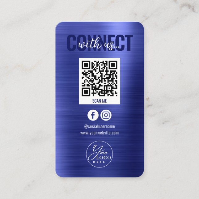 Metallic Blue Connect mit US Social Media QR Code Visitenkarte (Vorderseite)