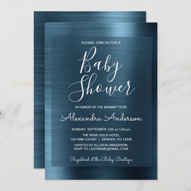 Metallic Blue Foil Babydusche Einladung (Vorne/Hinten)