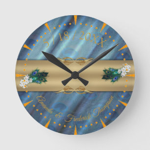 Metallic Blue-green silk- Gold Peacocks Feathers Runde Wanduhr