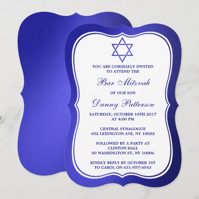 Metallic Blue Jewish Star von David Bar Mitzvah Einladung (Vorne/Hinten)