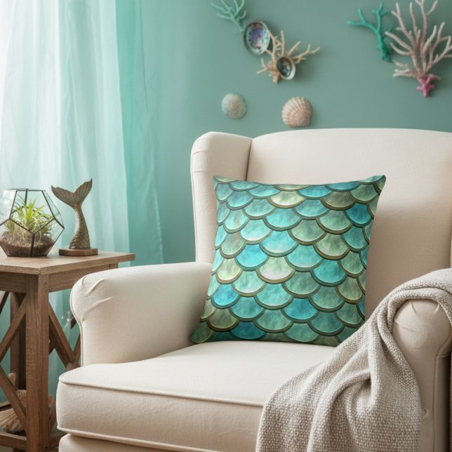 Metallic Blue Mermaid Scales Decorative Pillow Kissen (Mermaid throw pillow - an accent pillow for your sea inspired home.)