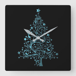 Metallic Blue Stars Weihnachtsbaum Elegantes Schwa Quadratische Wanduhr