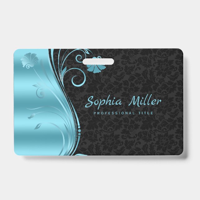 Metallic Blue Swirl Black Damask Ausweis (Vorderseite)