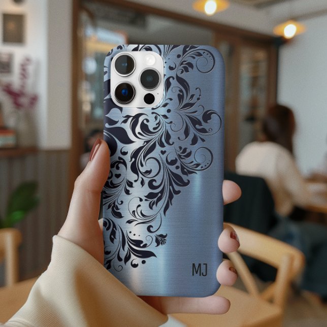 Metallic Blue Texture Blue Swirl Akzent Monogramm Case-Mate iPhone Hülle (Von Creator hochgeladen)