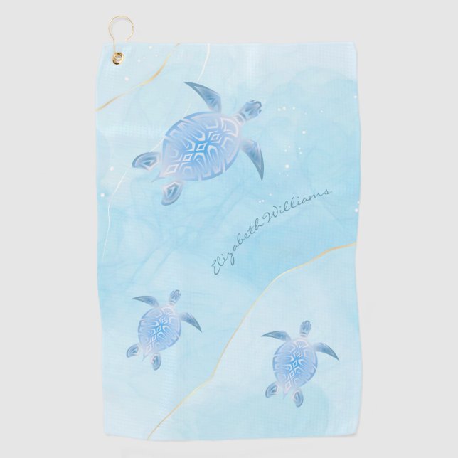 Metallic Blue Turtle Sky Blue Ink Monogram Golf To Golfhandtuch (Vorderseite)