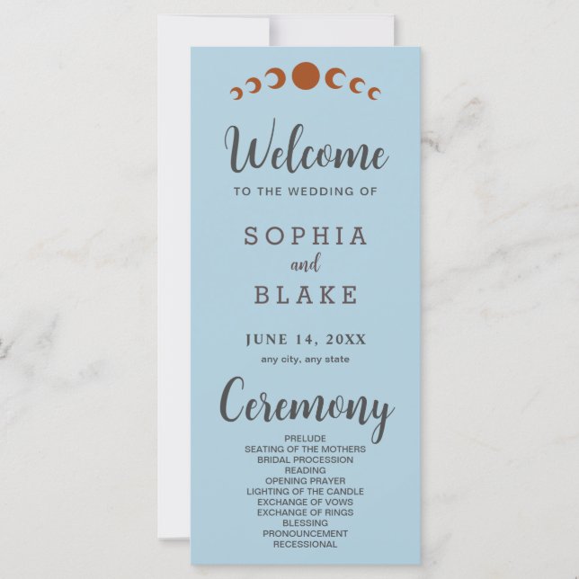 Metallic Bronze Moon Phases Blue Wedding Program (Vorderseite)