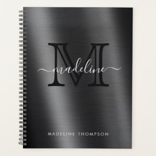 Metallic Brushed Black Monogram Elegant Script Planer