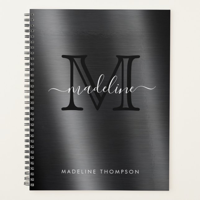 Metallic Brushed Black Monogram Elegant Script Planer (Vorderseite)