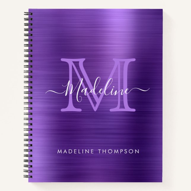Metallic Brushed Lila Modernes Script Monogram Notizbuch (Vorderseite)