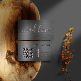 Metallic Brushed Steel Pale Pink Script Qr Code Visitenkarte