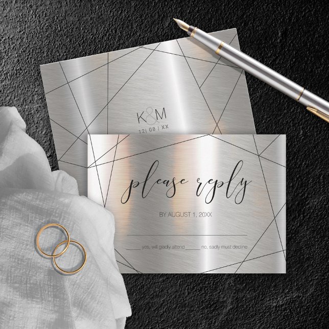 Metallic Geometric Wedding Silver/Black ID648 RSVP Karte (Von Creator hochgeladen)