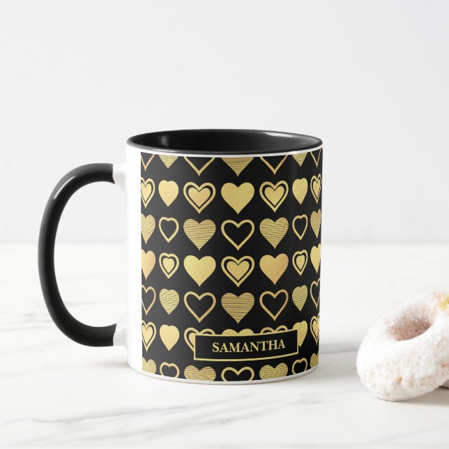 Metallic Gold Accent Hearts Valentine’s Gift Tasse (Mit Donut)