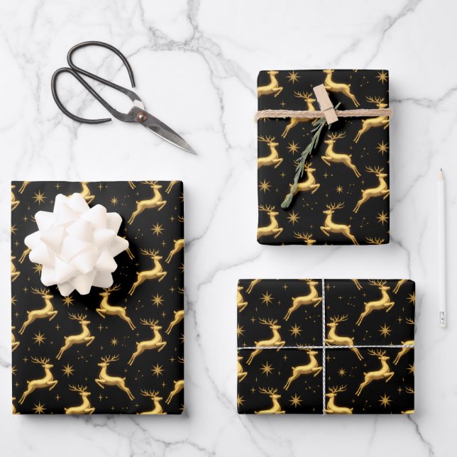 Metallic Gold and Black Reindeer and Stars Geschenkpapier Set (Vorderseite)