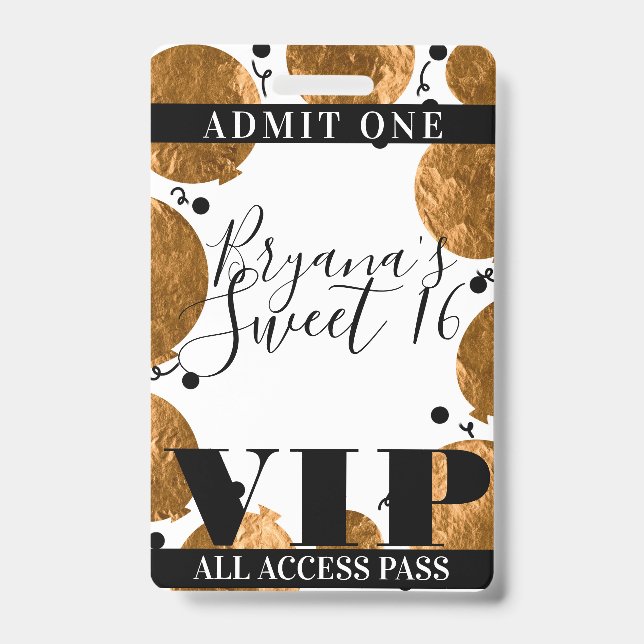 Metallic Gold Balloons Sweet 16 Party VIP Pass Ausweis (Vorderseite)
