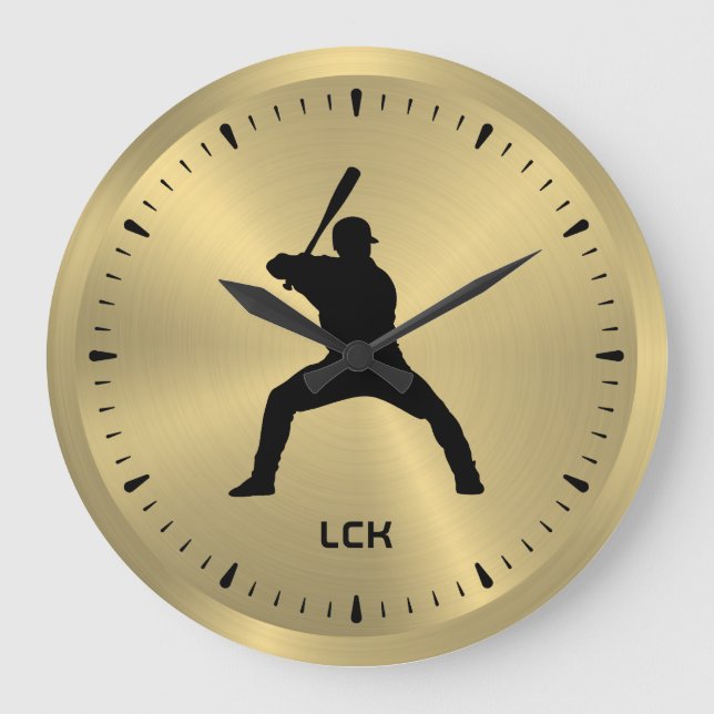 Metallic Gold Black Baseball Player Silhouette Große Wanduhr (Vorderseite)