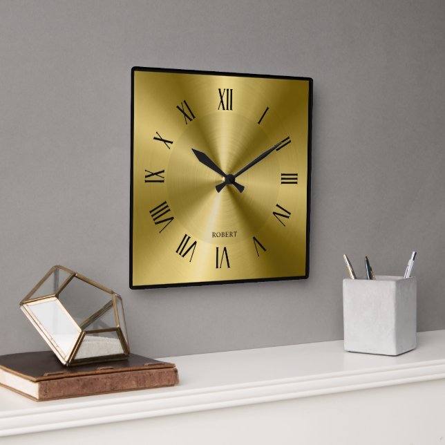 Metallic Gold & Black Border Roman Numerals  Quadratische Wanduhr (Büro)