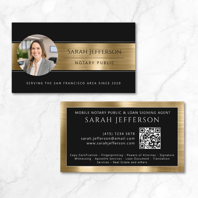 Metallic Gold Black Foto QR Notar Public Visitenkarte (Metallic Gold Black Photo QR Notary Public Business Card)