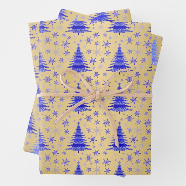 Metallic Gold Blue Christmas Trees Muster Geschenkpapier Set (Beispiel)