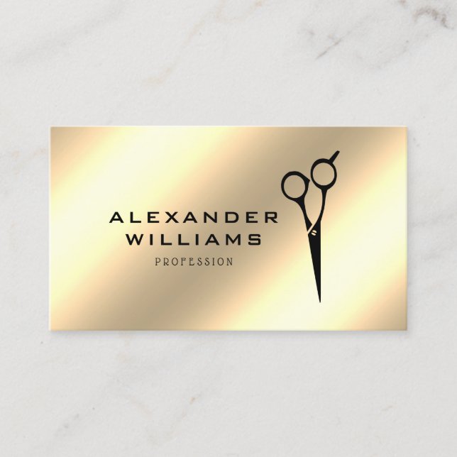 Metallic Gold Effect Friseur QR Code Scissor Visitenkarte (Vorderseite)