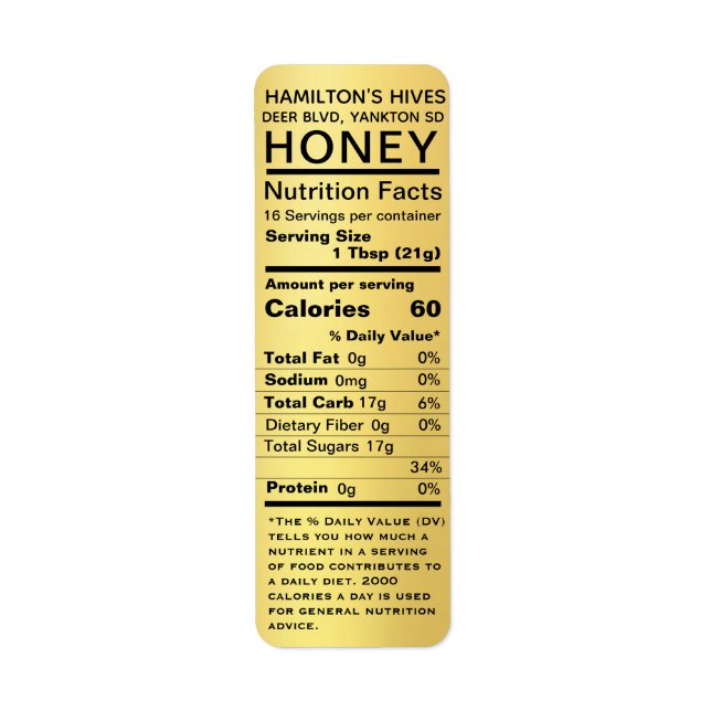 Metallic Gold Honey Nutrition Fakten Rücksendeadre (Vorne)