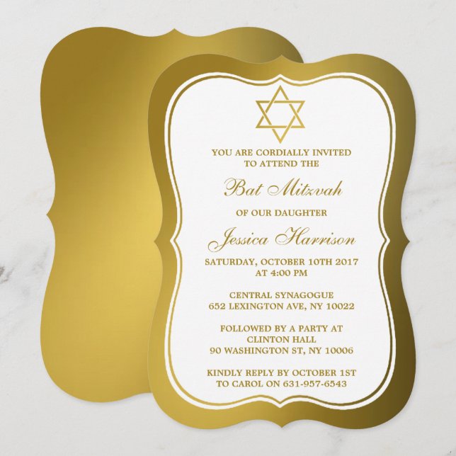 Metallic Gold jüdischer Star von David Bat Mitzvah Einladung (Vorne/Hinten)