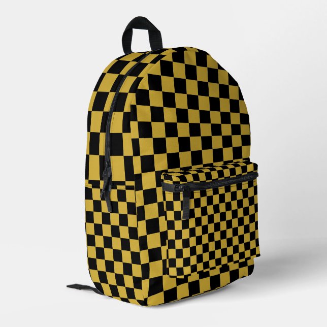 Metallic Gold with Black Square Pattern Style Bedruckter Rucksack (Rückseitige Ecke links)