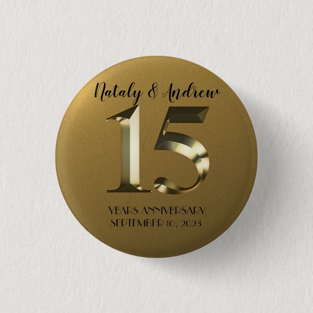 Metallic golden 15. Hochzeitstag Button (Vorderseite)