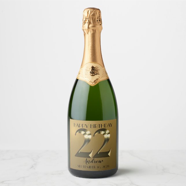 Metallic golden 22. Geburtstag Sparkling Weinlabel (Vorderseite)