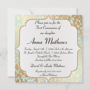 Metallic Golden Aqua Floral Erste Kommune Einladung