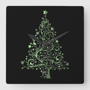 Metallic Green Black Stars Christmas Tree Elegant Quadratische Wanduhr