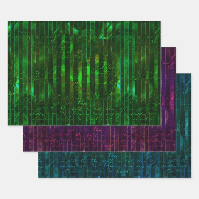 Metallic Green Lila Turquoise Stripes Script Geschenkpapier Set (Set)