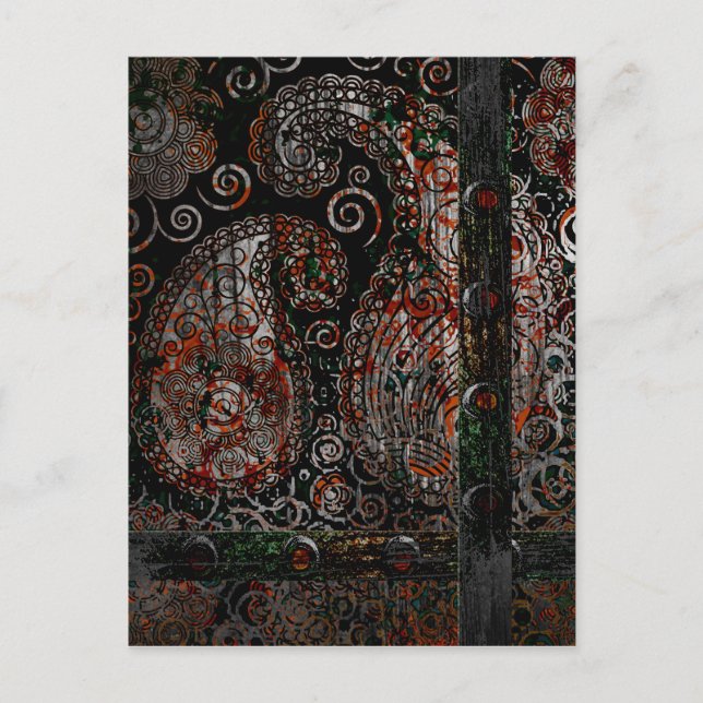 Metallic Grunge Paisley Red Rust Gray mit Rivets Postkarte (Vorderseite)