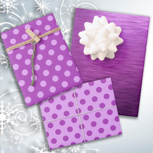 Metallic Lila Berry Shades Dot Christmas Geschenkpapier Set (Purple and polka dots gift wrapping paper)