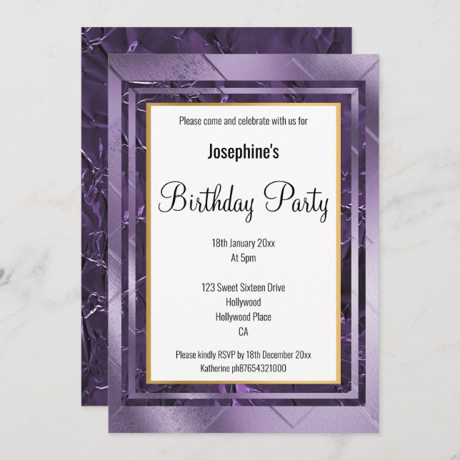 METALLIC LILA LILAC LAYER FOIL BIRTHDAY EINLADUNG (Vorne/Hinten)