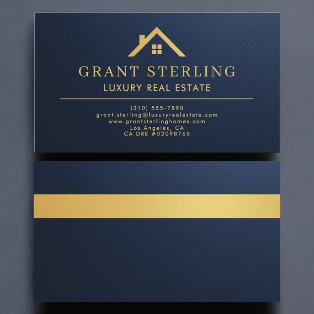 Metallic Luxury Real Estate Agent Navy Blue Gold Visitenkarte (Von Creator hochgeladen)