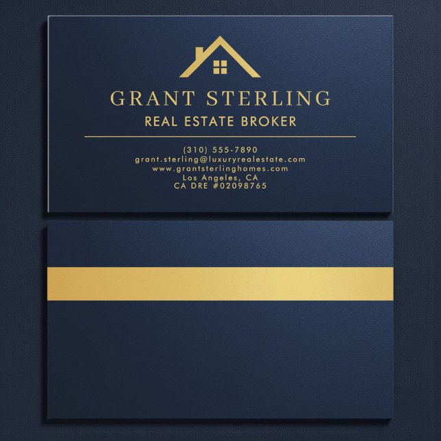 Metallic Navy Blue Gold House Real Estate Broker  Visitenkarte (Von Creator hochgeladen)