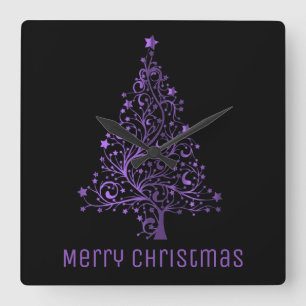 Metallic Purple Stars Christmas Tree Elegant Black Quadratische Wanduhr