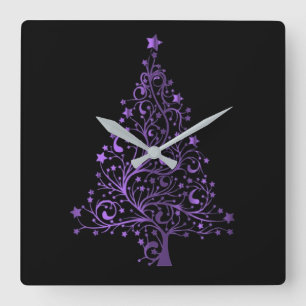 Metallic Purple Stars Christmas Tree Elegant Black Quadratische Wanduhr