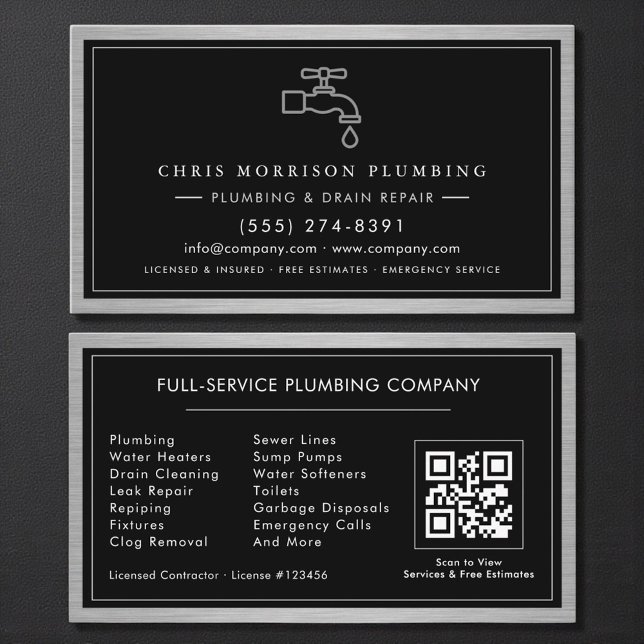 Metallic QR Code Plumbing Services Black Silver  Visitenkarte (Von Creator hochgeladen)