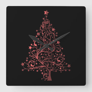 Metallic Red Black Stars Weihnachtsbaum Quadratische Wanduhr