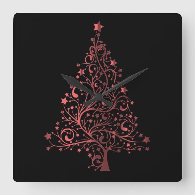 Metallic Red Black Stars Weihnachtsbaum Quadratische Wanduhr (Vorderseite)