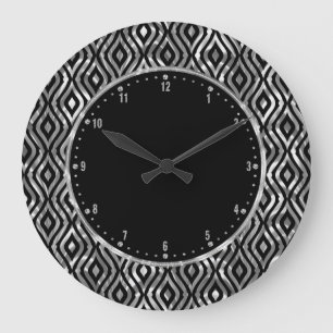Metallic Silver & Black Teardrops Geometrics Große Wanduhr