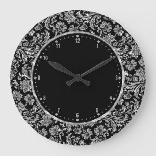 Metallic Silver & Black Vintage Floral Damasks Große Wanduhr