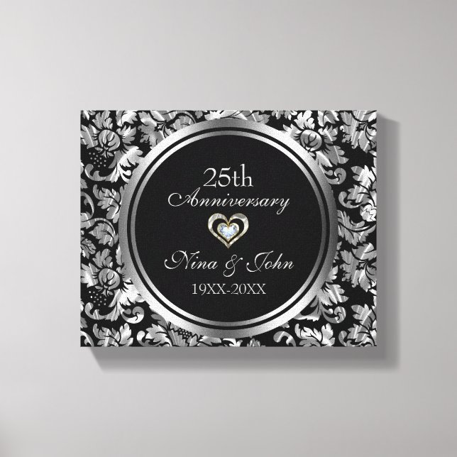 Metallic Silver Damask 25. Hochzeitstag Leinwanddruck (Vorderseite)