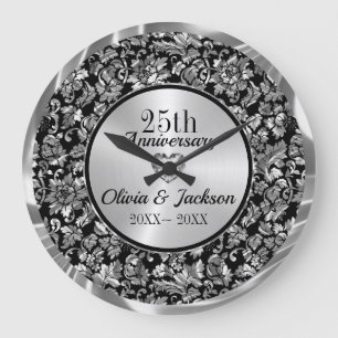 Metallic Silver Damask Große Wanduhr