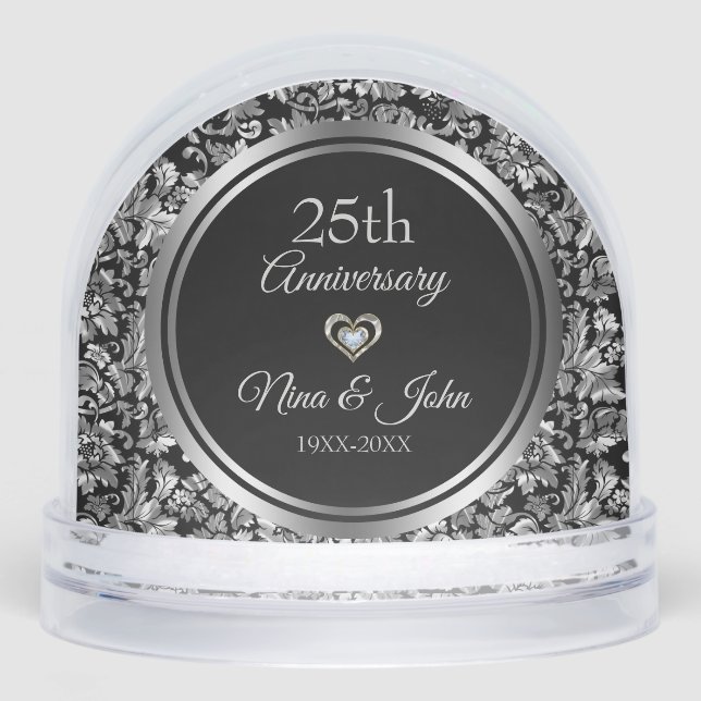 Metallic Silver Damask Wedding Anniversary Schneekugeln (Vorderseite)