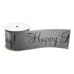 Metallic Silver Happy Birthday Script Modern Satin Satinband