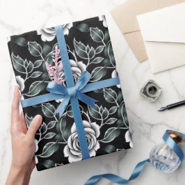 Metallic Silver Roses With Dark Green Leaves Geschenkpapier