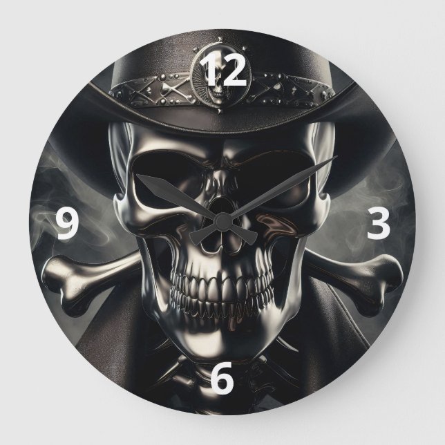 Metallic Skull Cowboy Wall Clock Große Wanduhr (Vorderseite)